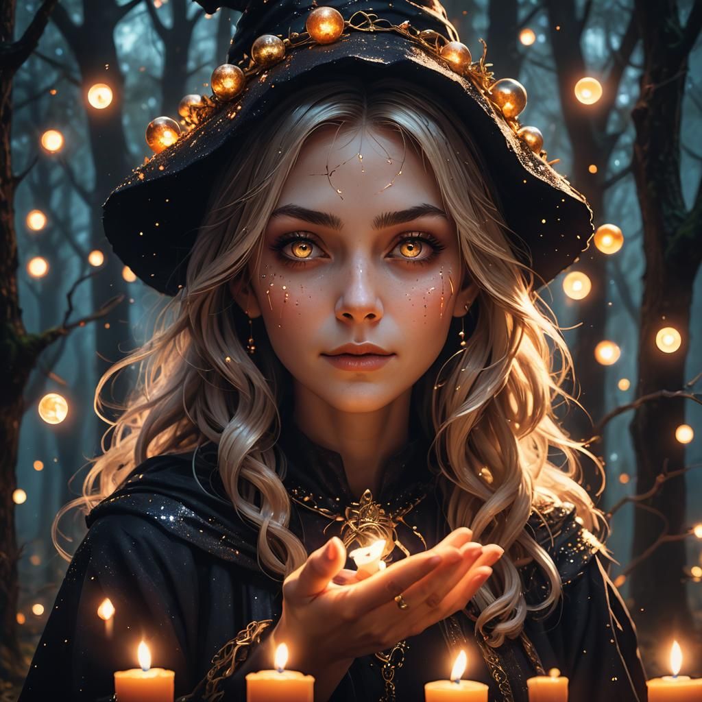 Enchanting Witch in Forest: Vivid Digital Art
