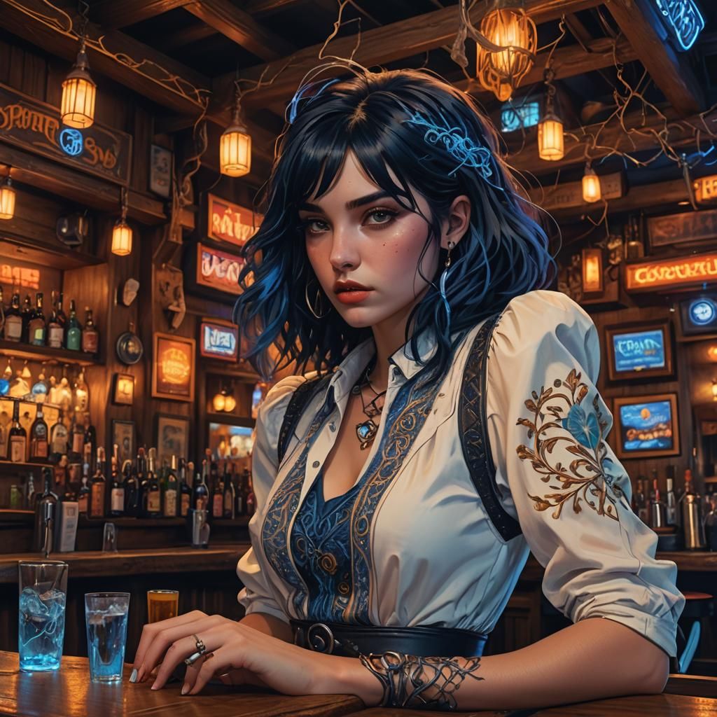 Annoyed Girl in Bar with Blue Highlights: Digital Art