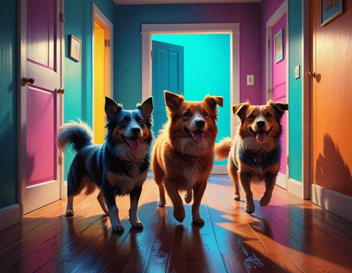Dogs Entering Room in Digital Pop Art Style