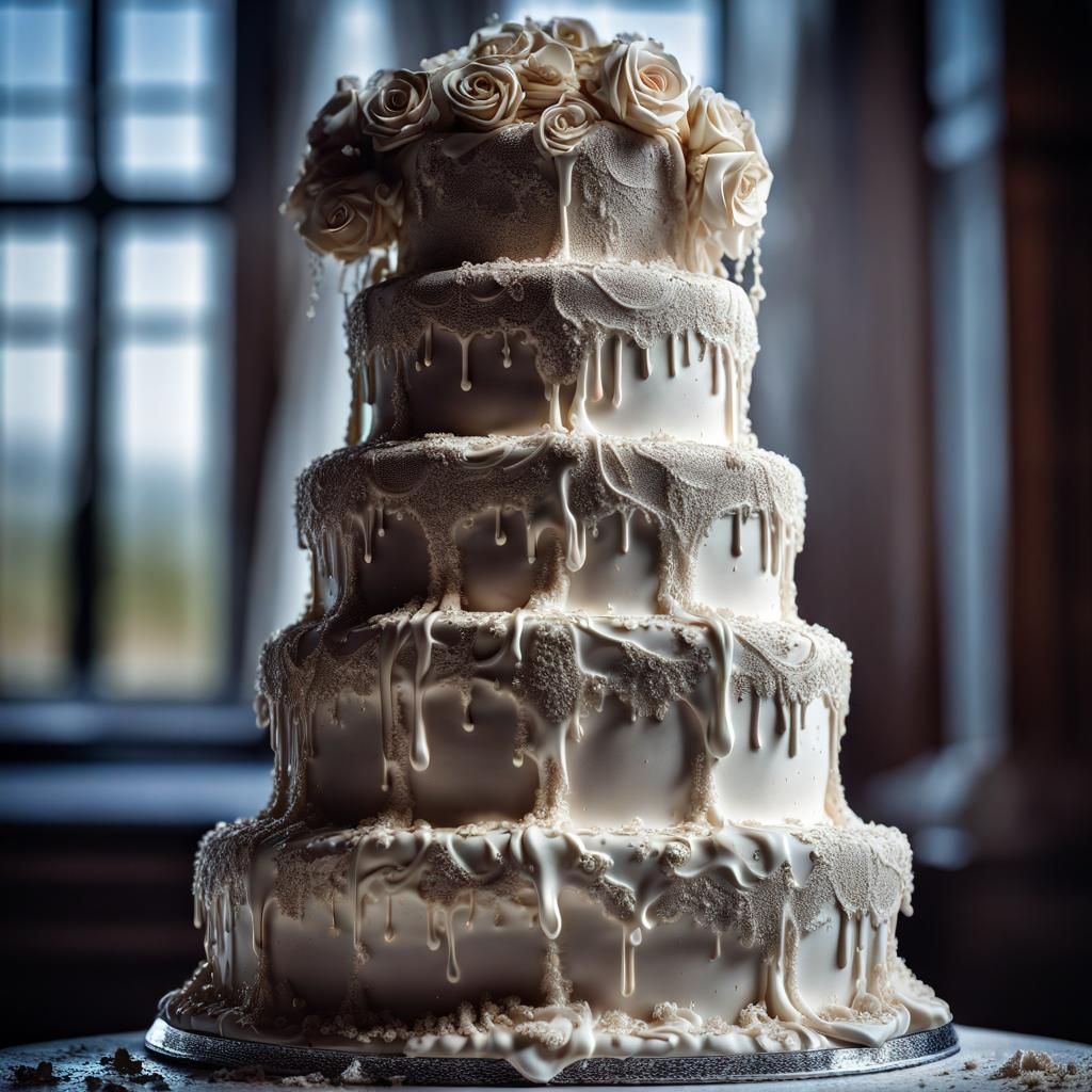 Crying Bride Beside Melting Wedding Cake