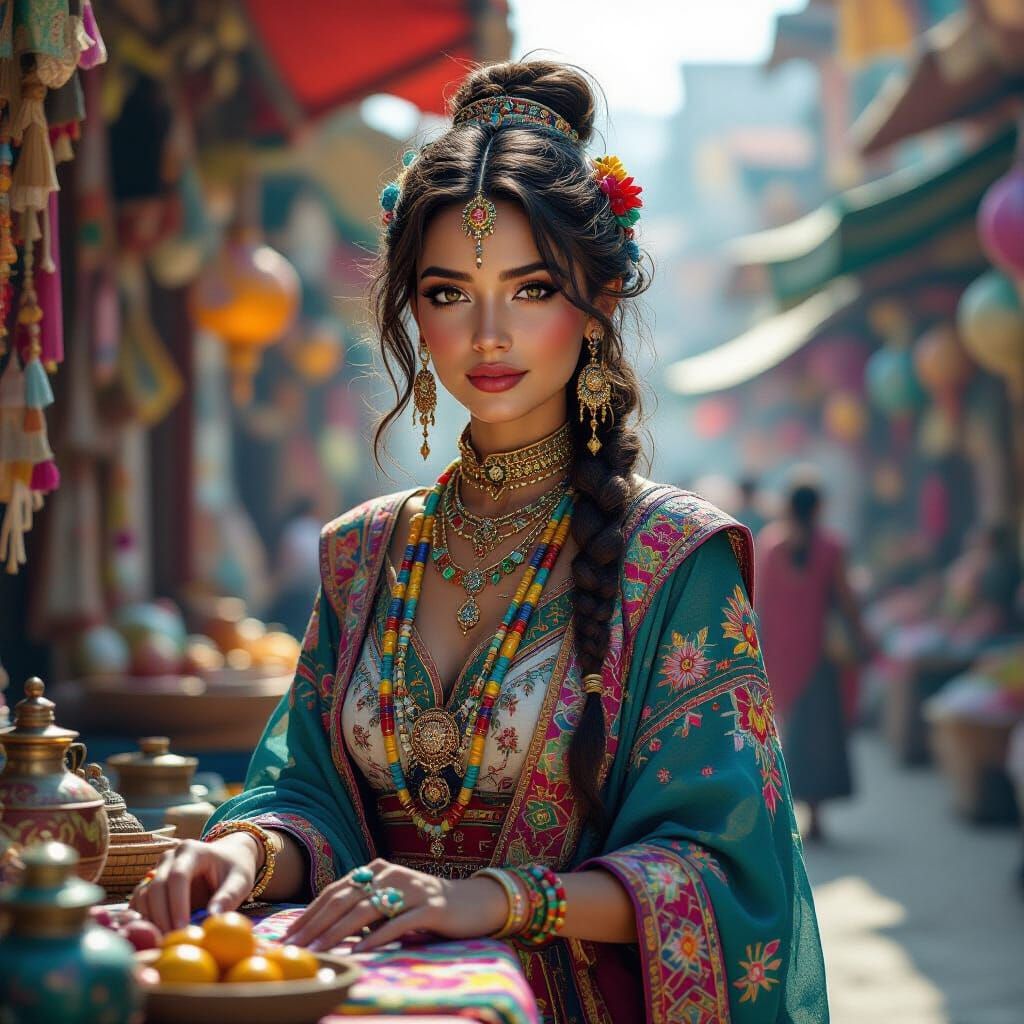 Alien Merchant in Vibrant Market - Fantasy Concept Art