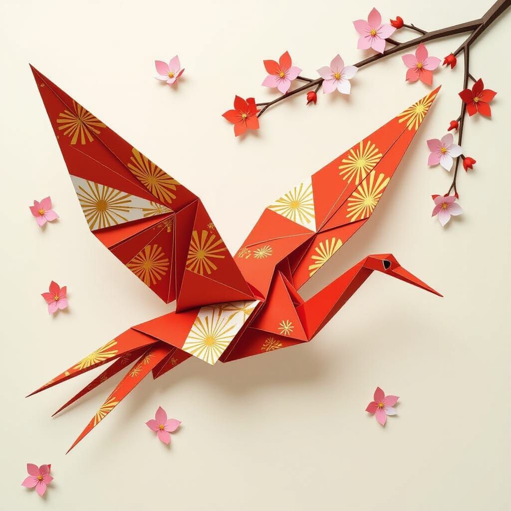 Crimson Origami Crane in Japanese Woodblock Style