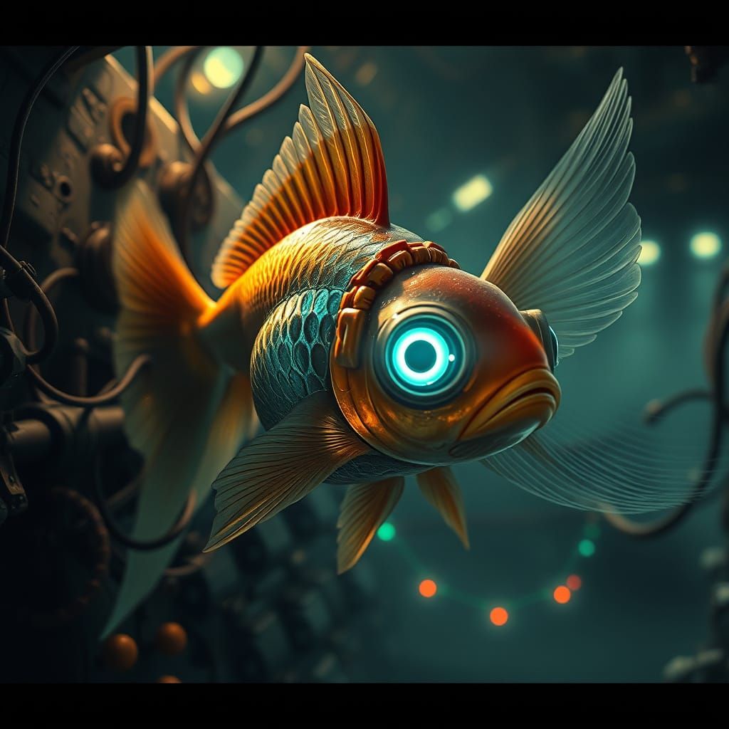 Surrealist Goldfish in Biomechanical Dreamscape