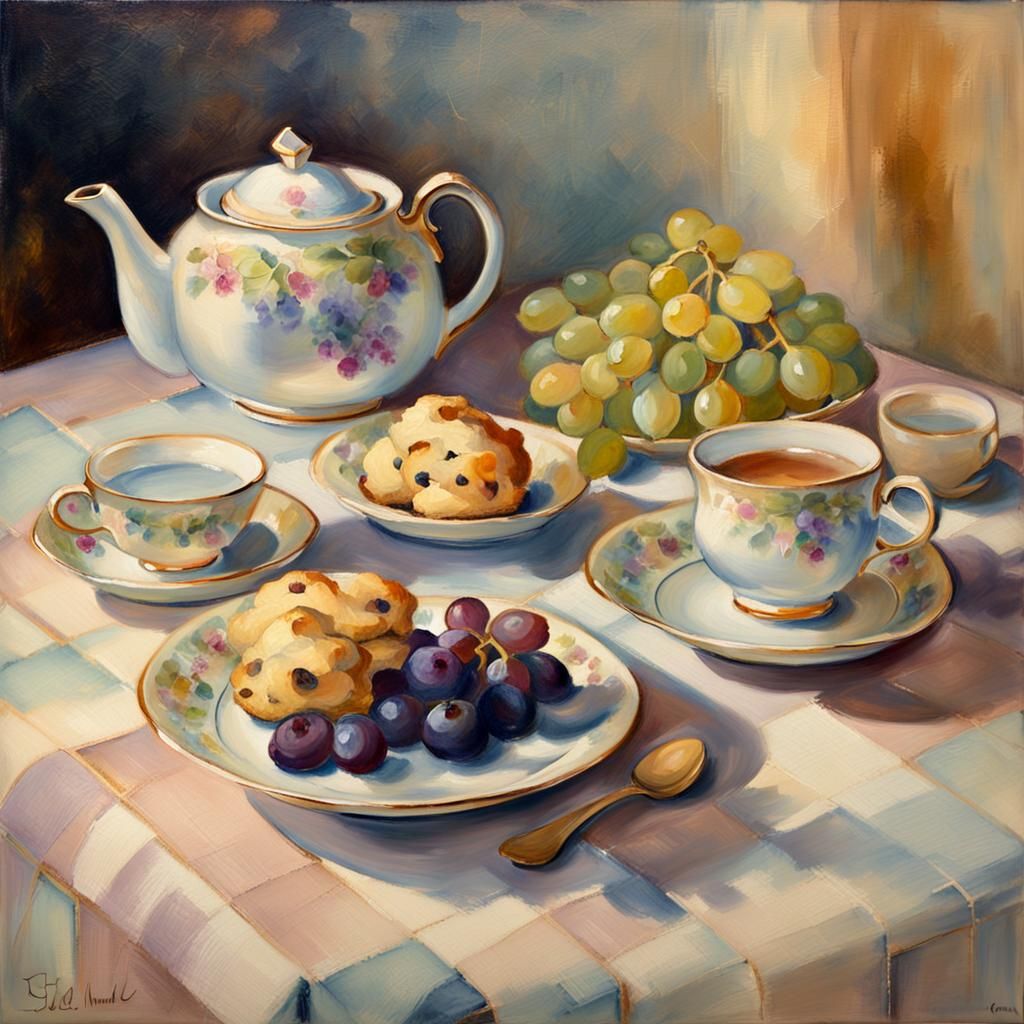 Cozy Tea Set Still Life in Impressionist Style