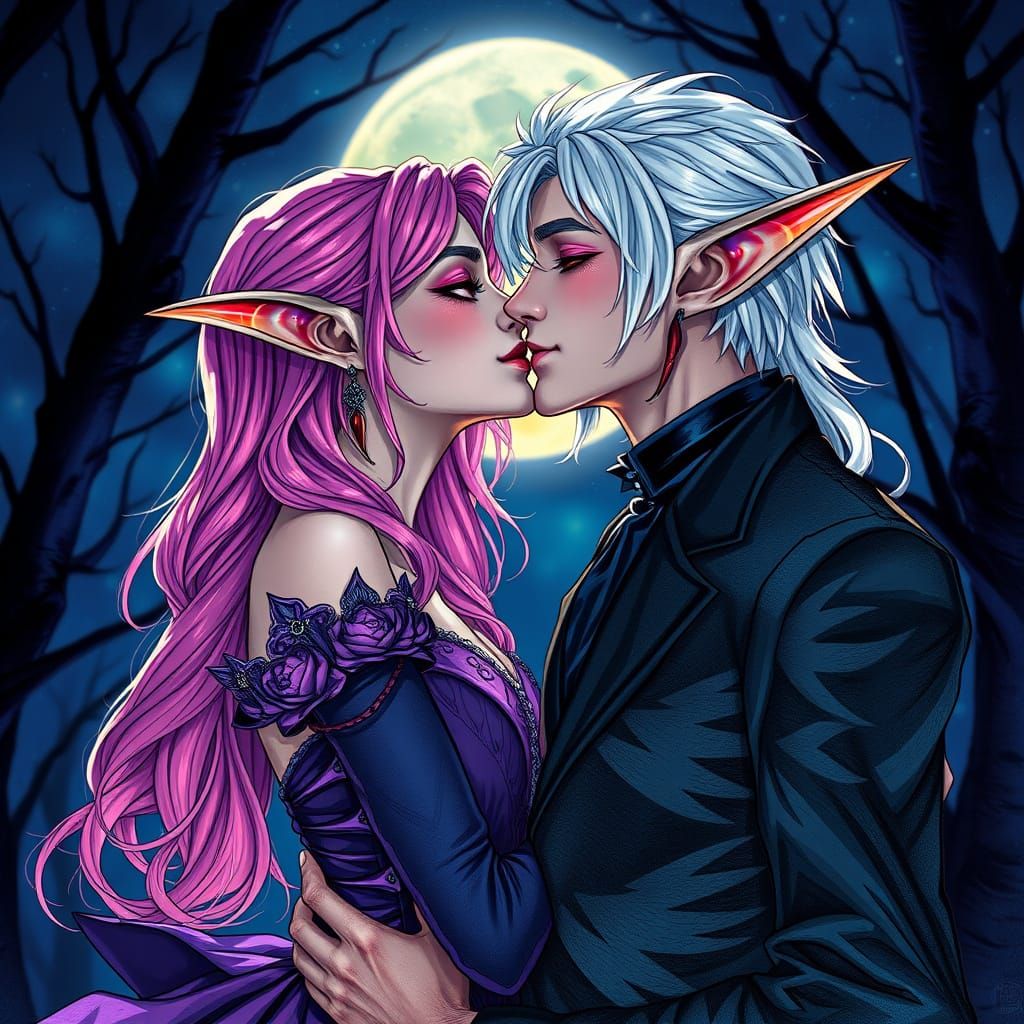 Elf Couple's Moonlit Kiss in Alcohol Ink Style