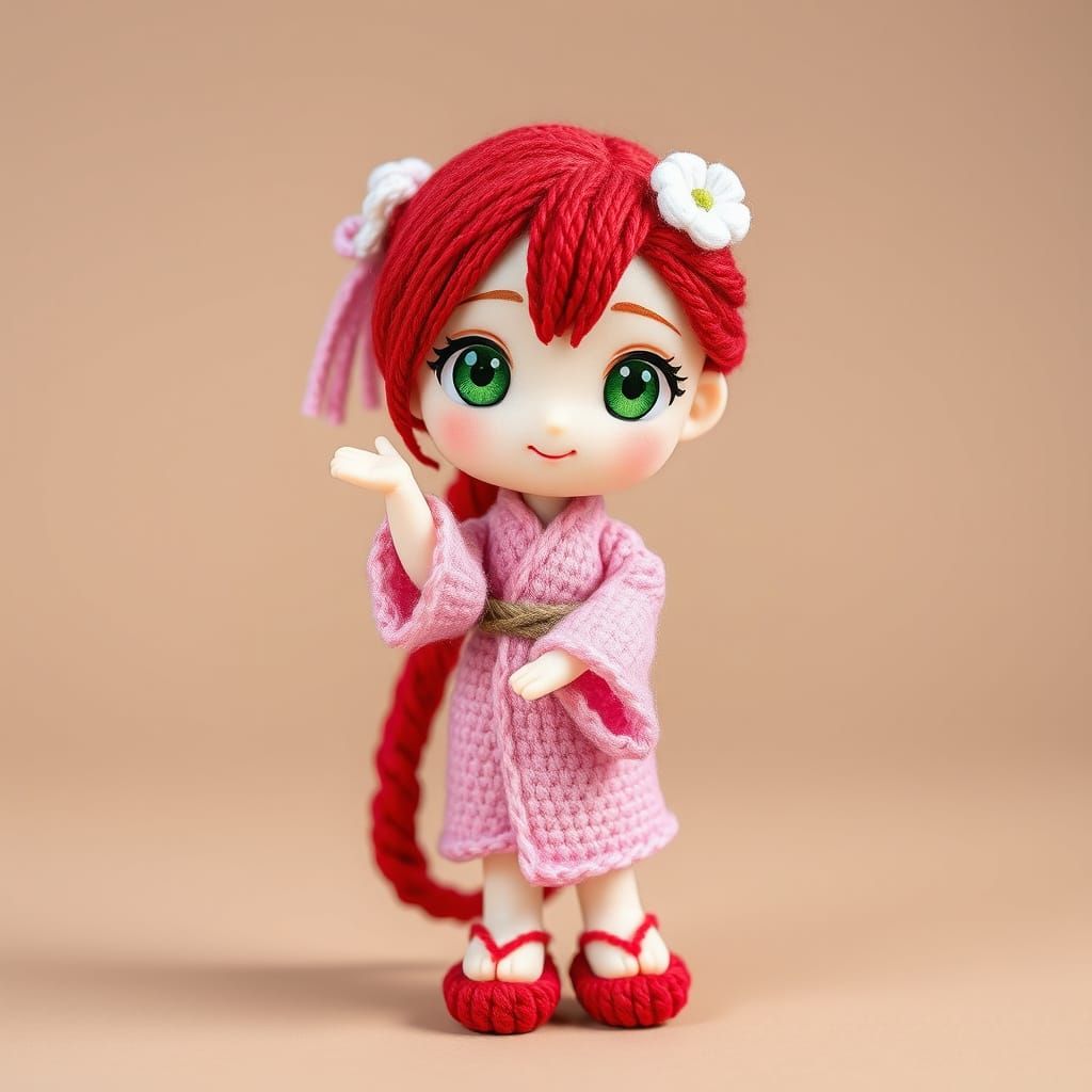 Cute Chibi Woman in Sakura Yukata: 3D Yarn Art