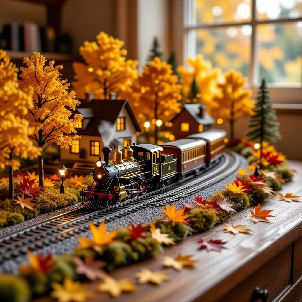 Autumn Diorama with Miniature Train Tracks and Tiny House