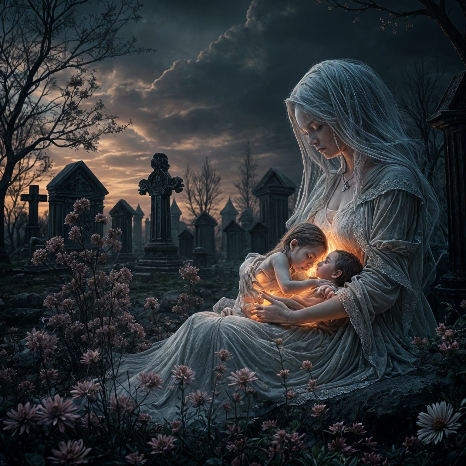 Ghostly Mother and Child in Gothic Graveyard