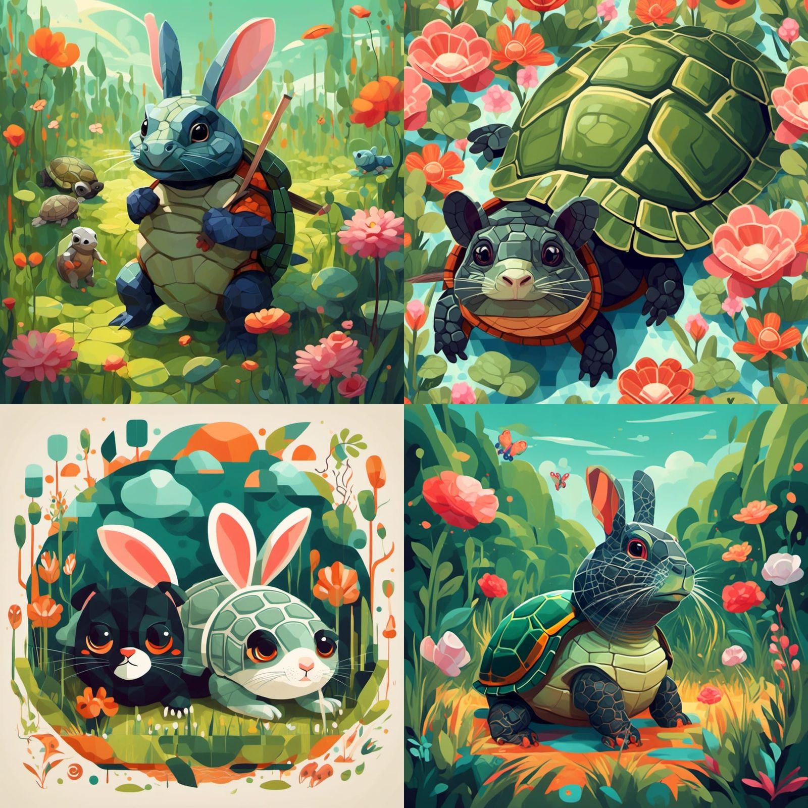 Cubist Turtle and Friends in Geometric Meadow