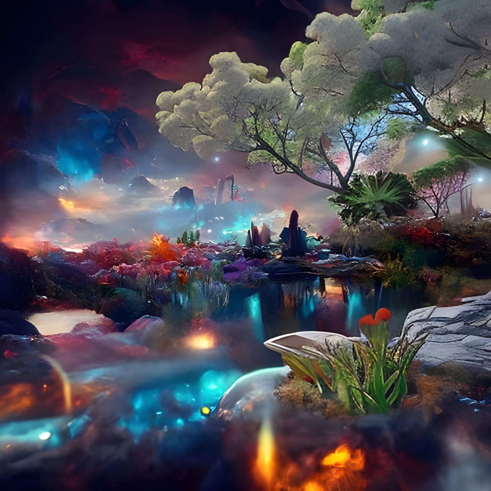 Sci-Fi Zen Garden with Cosmic Sky