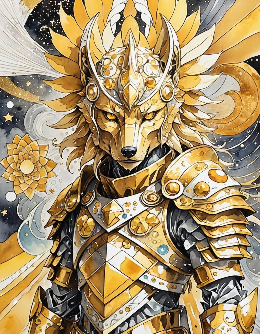 Golden Sand Wolf on Magical Beach, Watercolor Anime Art