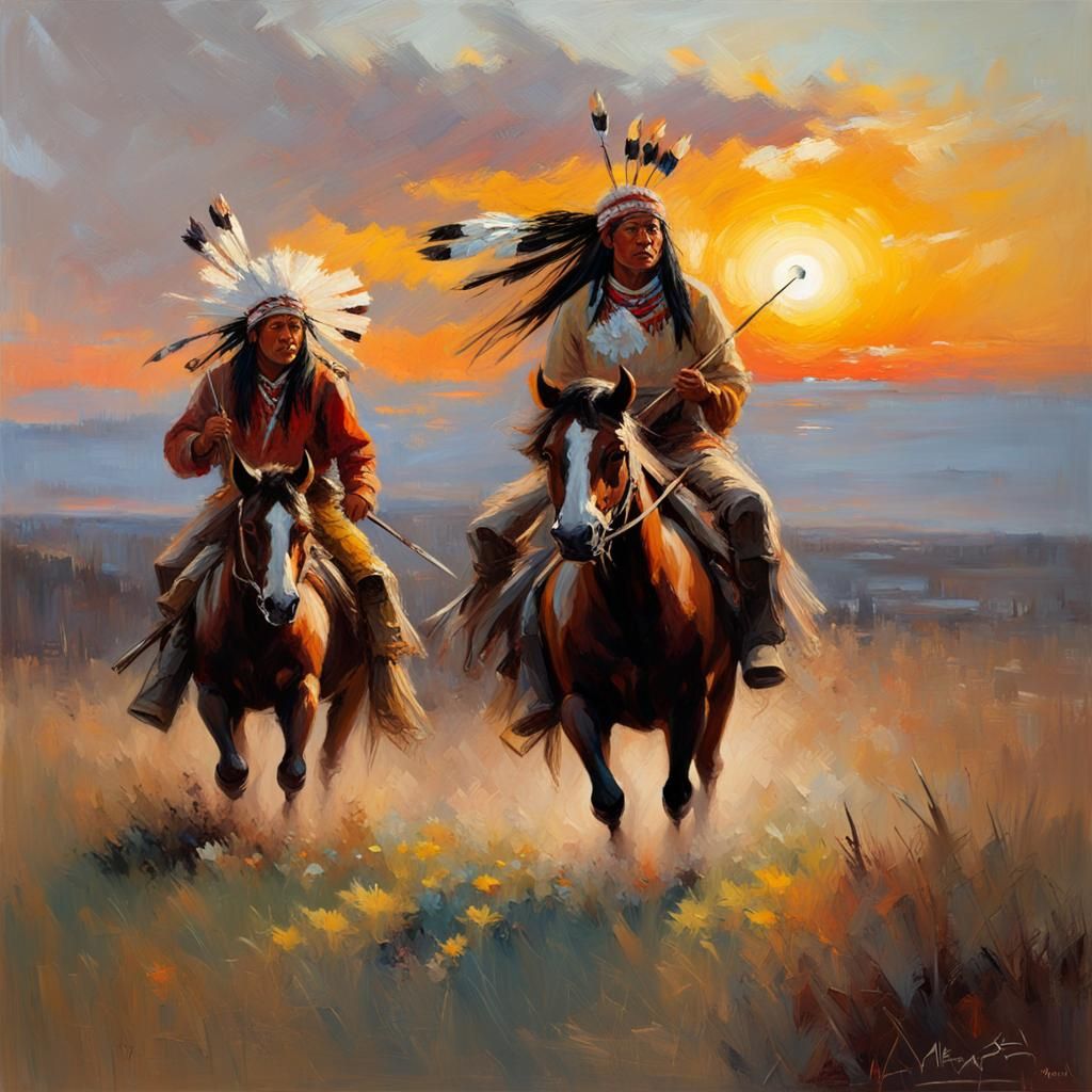 Native Americans Bison Hunt: Alla Prima Oil Painting