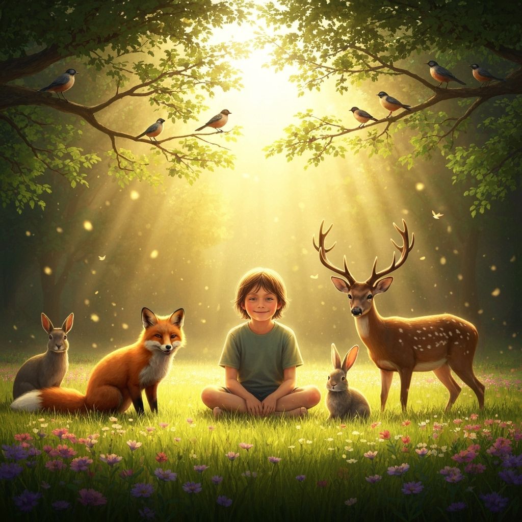 Child and Rescued Animals in Golden Meadow