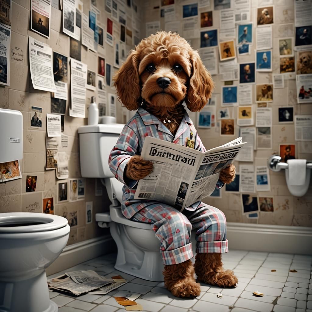 Cavapoo in Pajamas Reading Newspaper: Detailed Digital Art