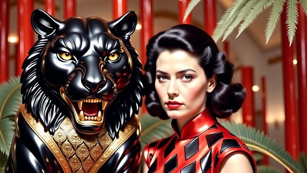 Elegant French Woman Beside Fierce Tiger Sculpture