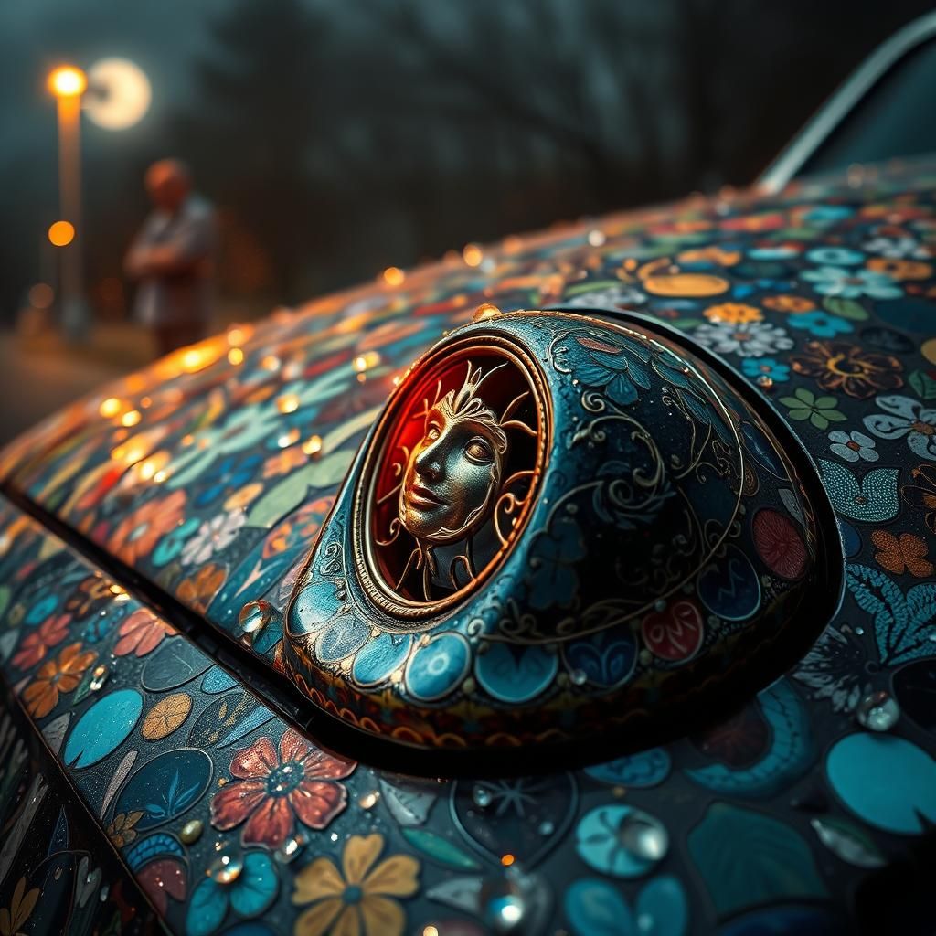 Surreal Mosaic Car in a Dreamlike Aura