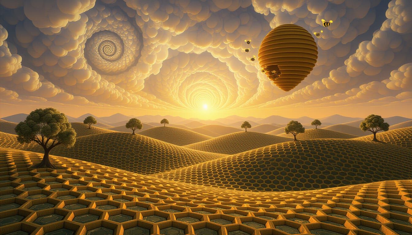Surreal Fractal Landscape with Geometric Hills and Beehive