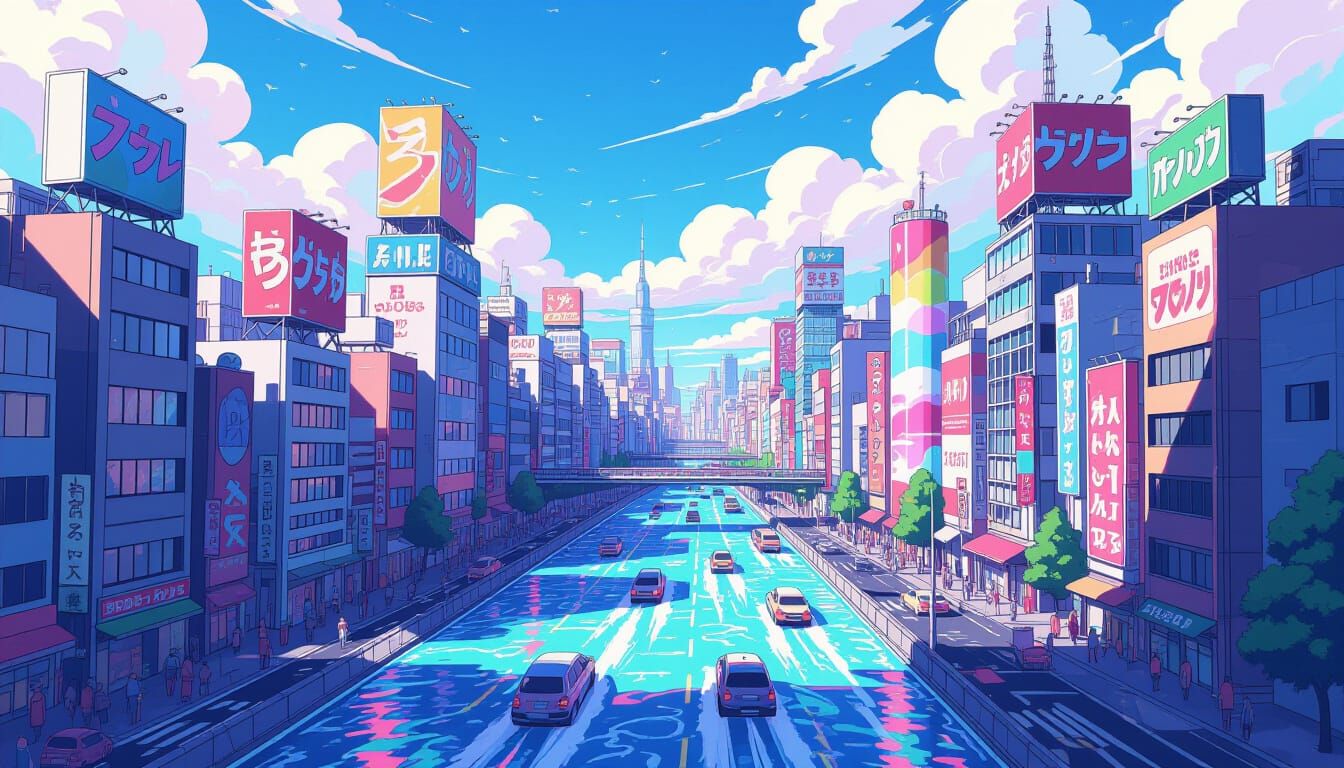 Vibrant Liquid Cityscape with Soda Rivers in Anime Style