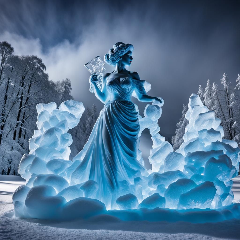 Stunning Ice Sculpture of Woman with Cherries