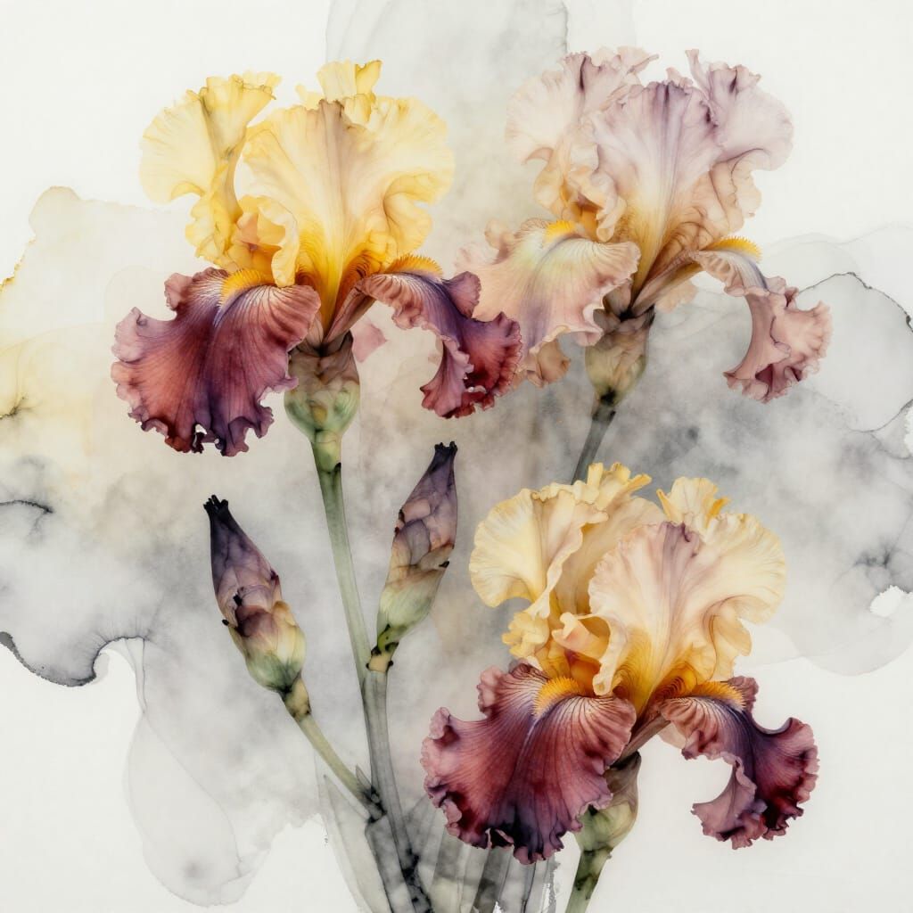 Serene Yellow and Burgundy Irises in Gentle Ink Diffusion