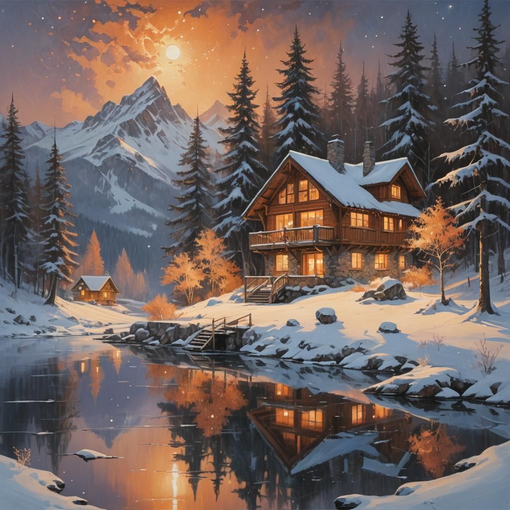 Snowy Chalet in Ethereal Mountain Landscape Painting