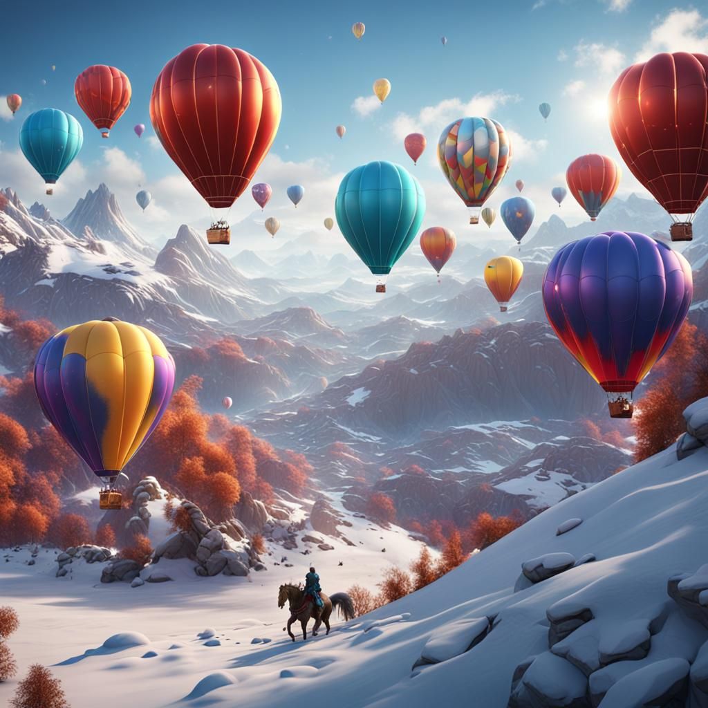 Colorful Balloons Over Snowy Valley: Fantasy Concept Art