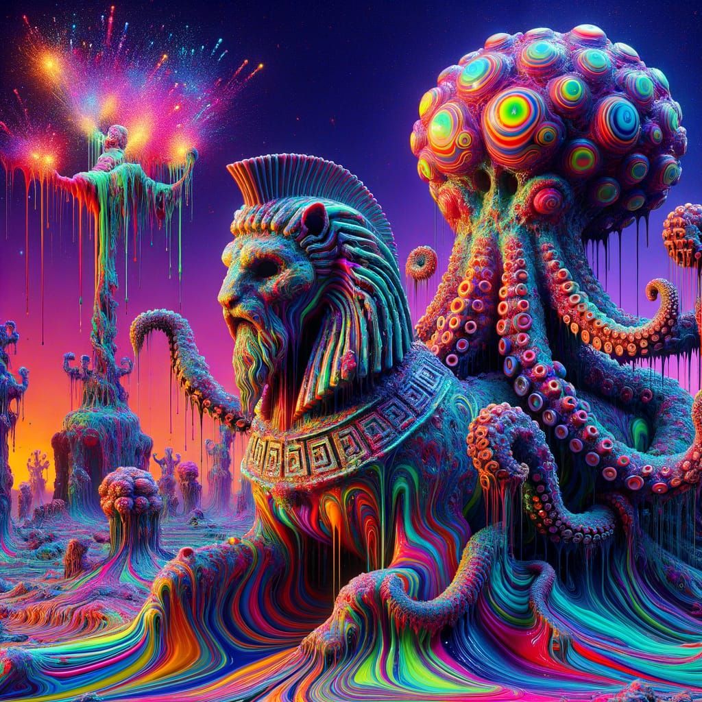Psychedelic Horror Landscape with Melting Octopus and Sphinx