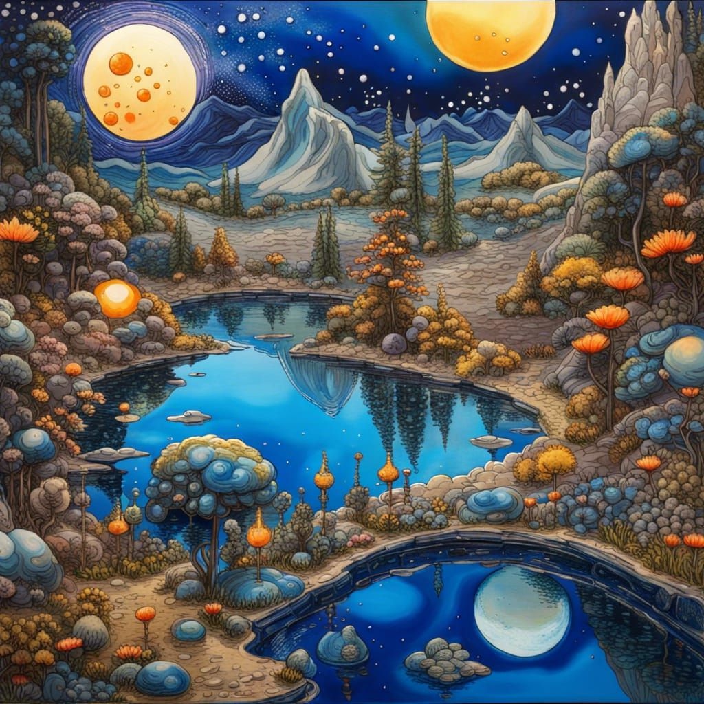 Electric Blue and Gold Fantasy Landscape with Alien Flowers
