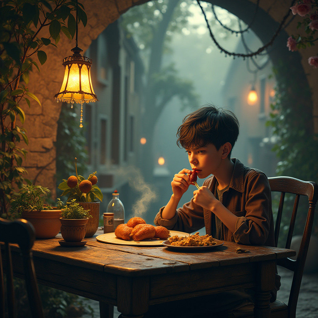 Boy Savoring Sausage in Mystical, Futuristic Setting