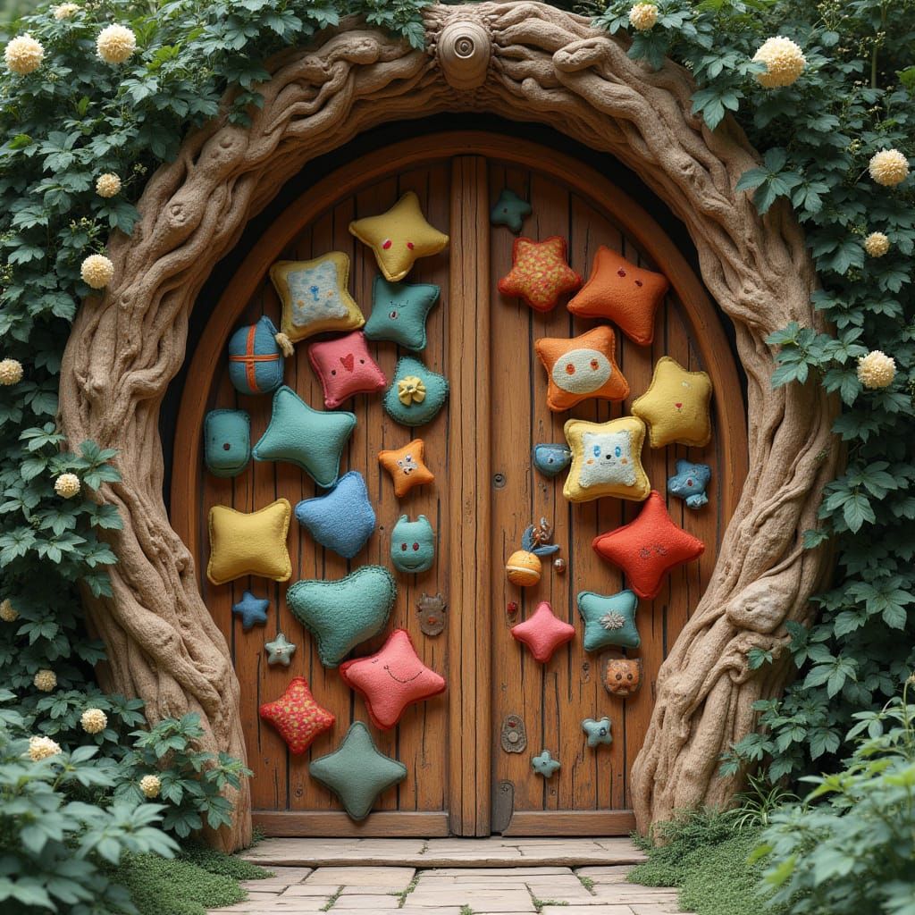 Whimsical Wooden Door with Intricately Carved Pillows