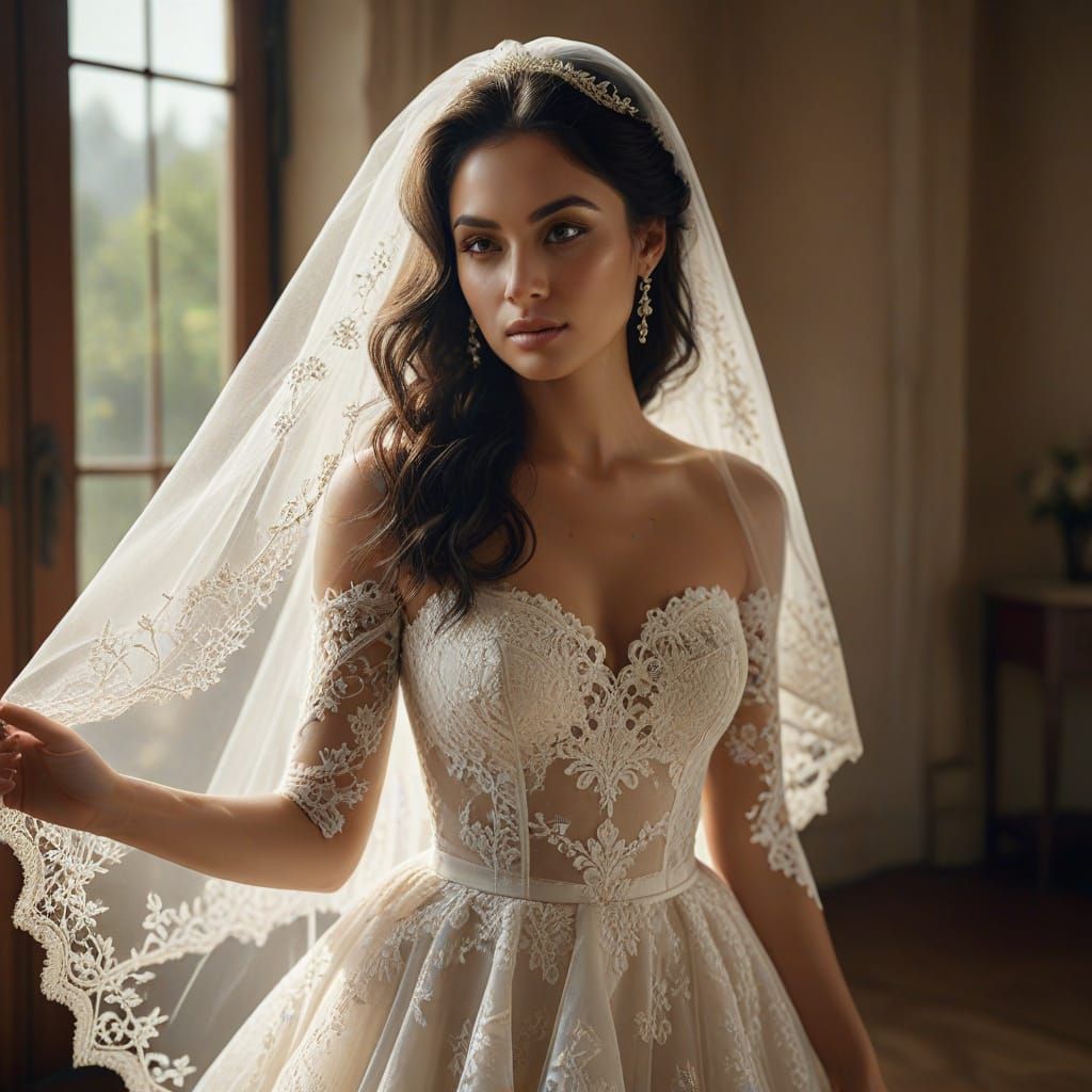 Elegant Bride in Lace Dress with Flowing Veil