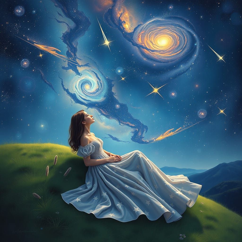 Dreamlike Celestial Goddess in a Starry Night Sky