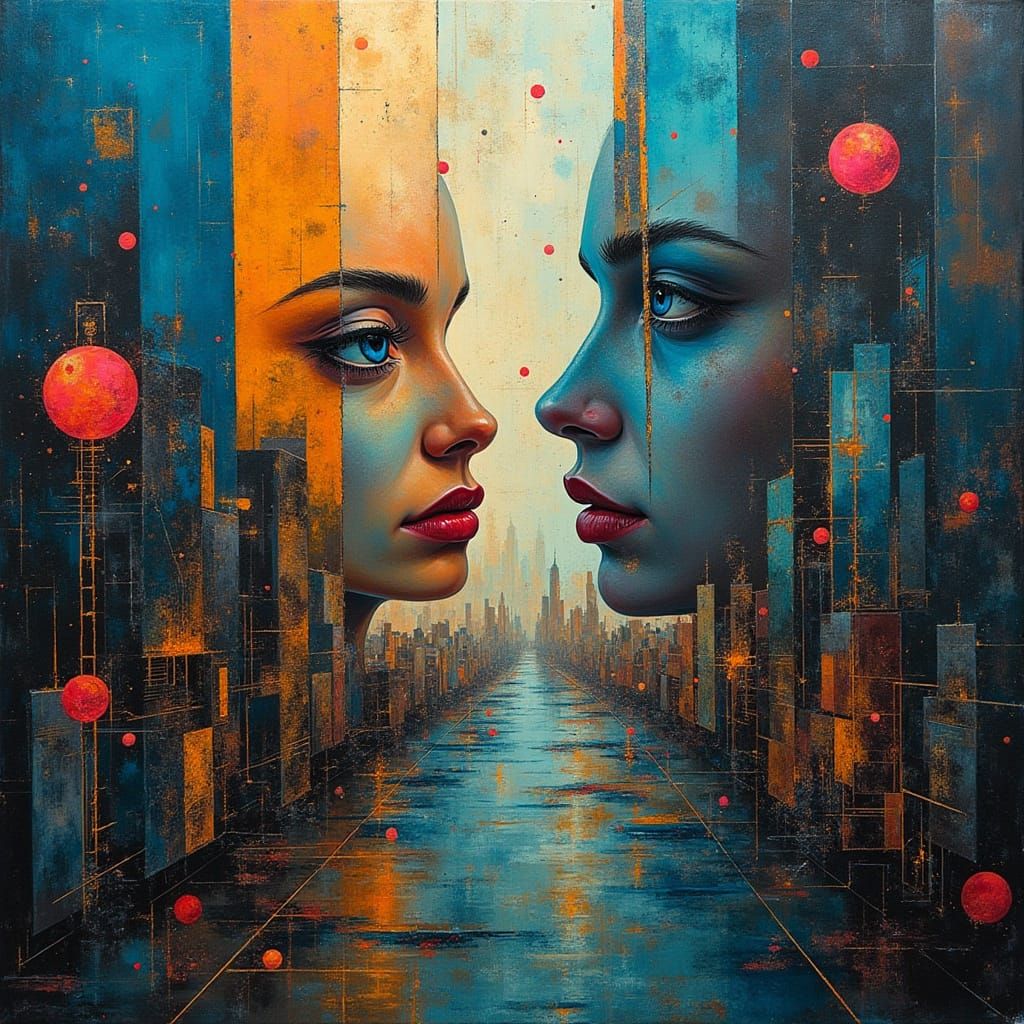 Cubist Cityscape with Parallel Realities in Neon and Gold