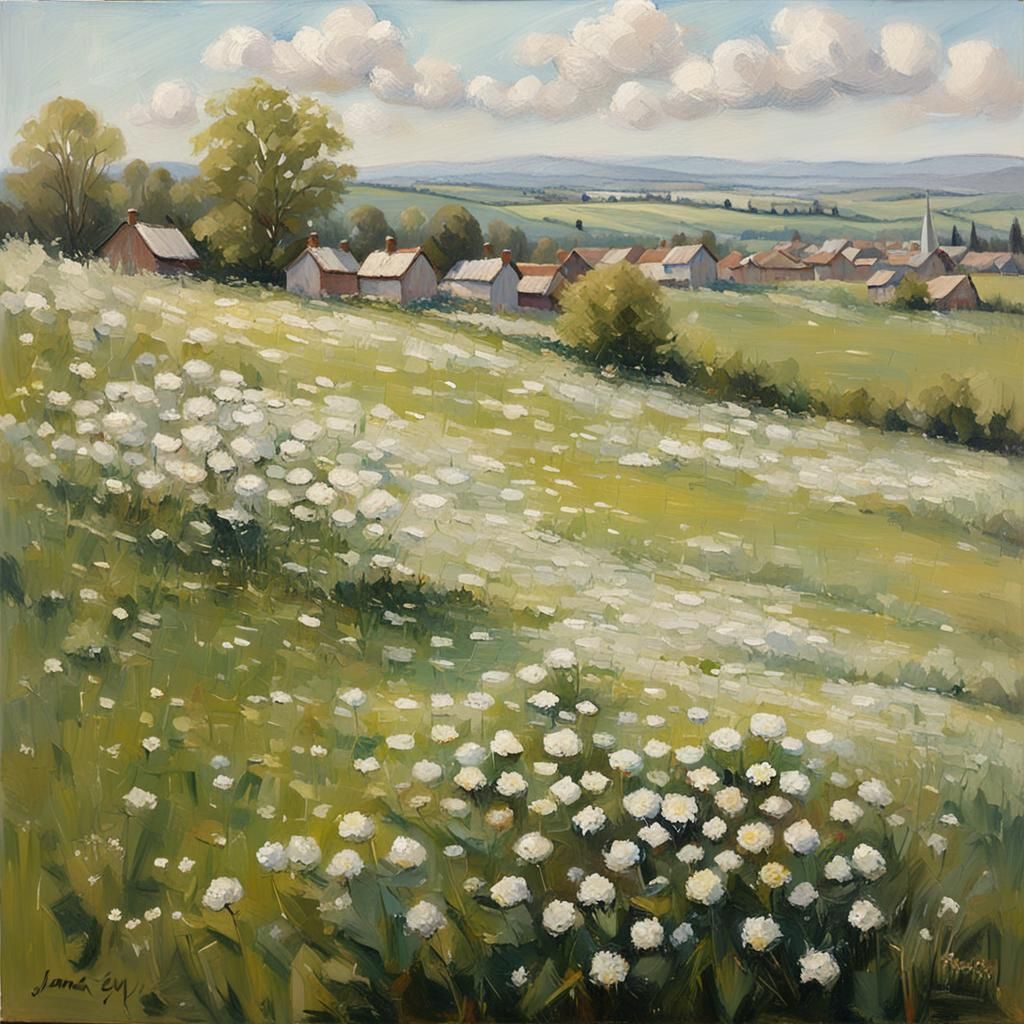 Spring Meadow Oil Painting with Village
