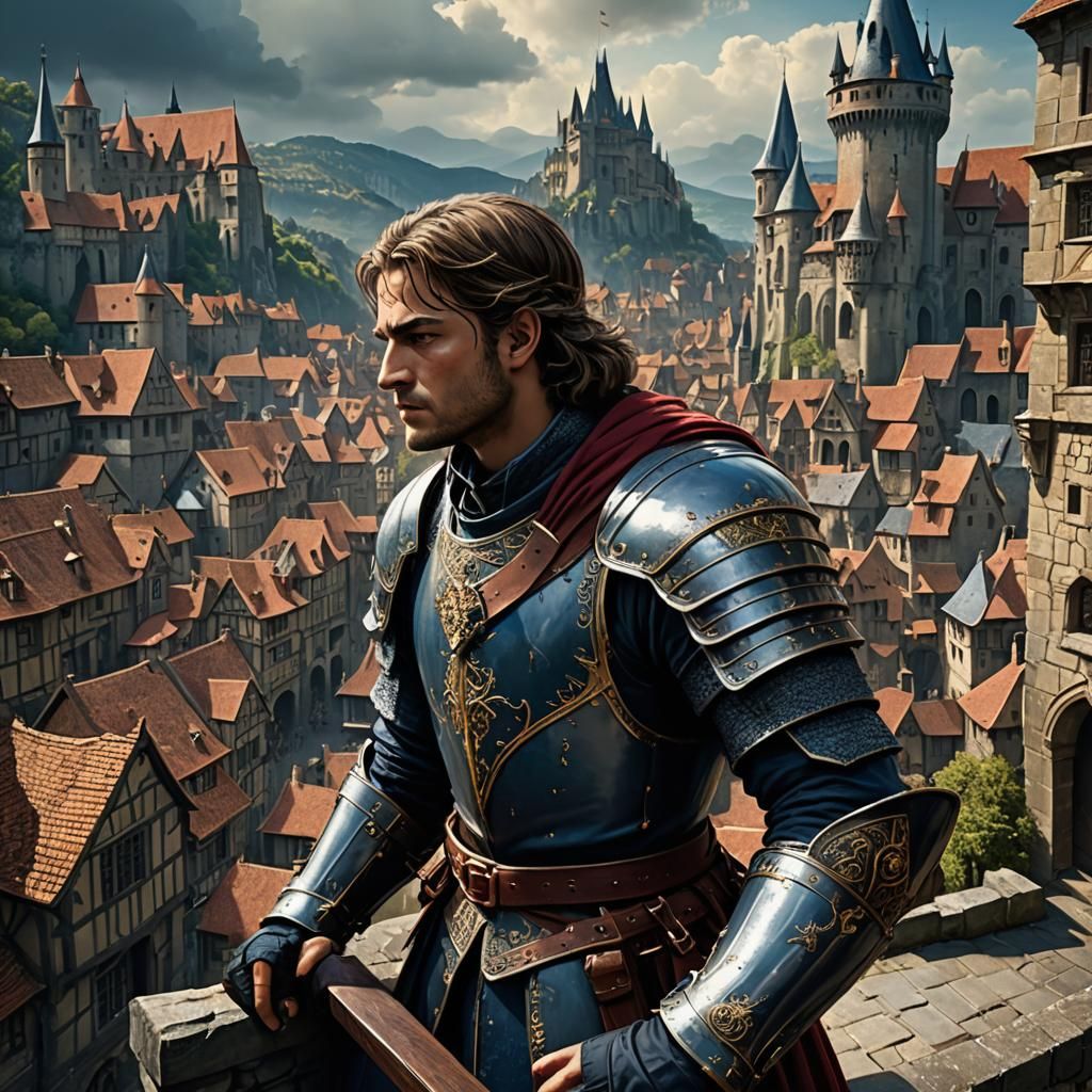 Medieval Knight in Cityscape, Detailed Fantasy Art