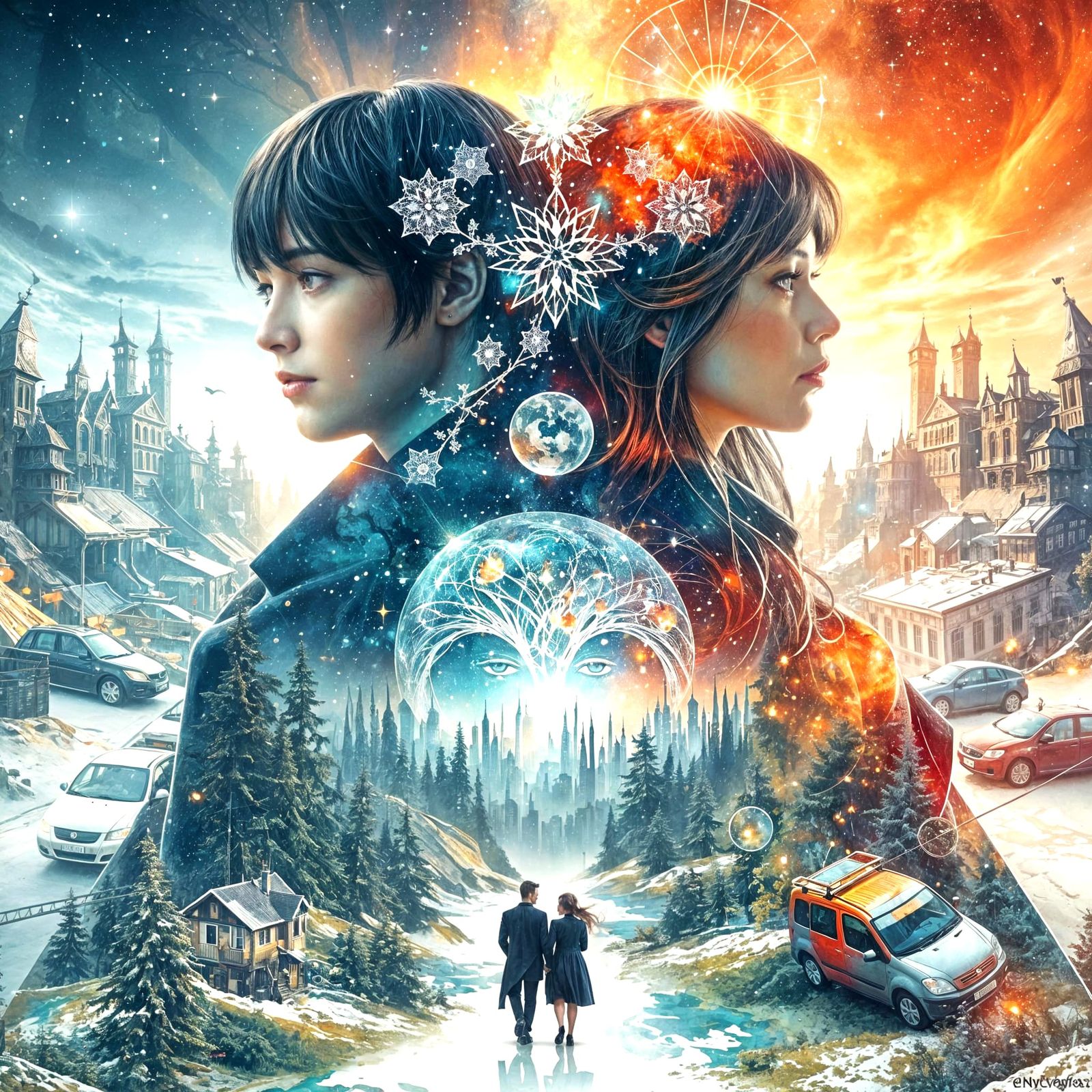 Galaxy Merging into Cityscape Double Exposure