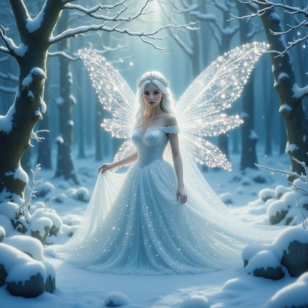 Ethereal Ice Fairy in Frozen Winter Landscape