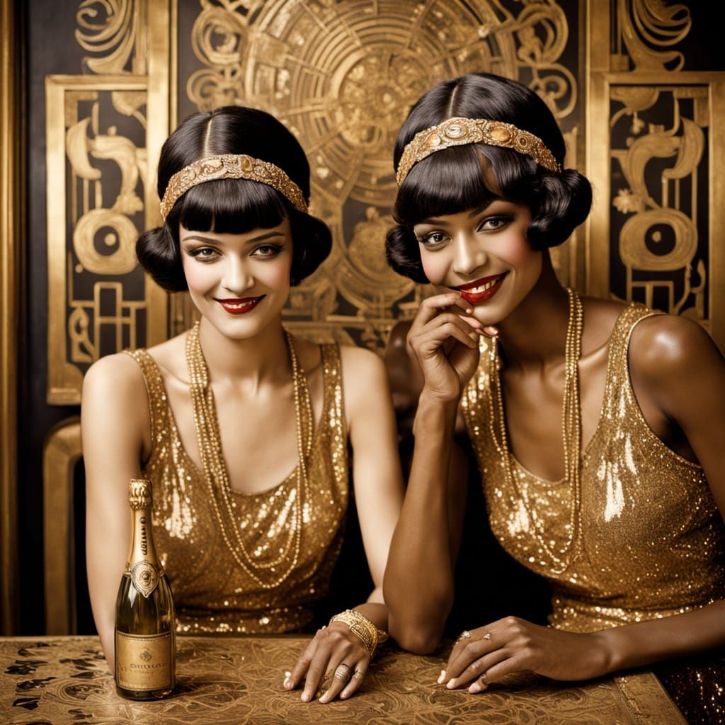 Art Deco Flapper Girls Sipping Champagne