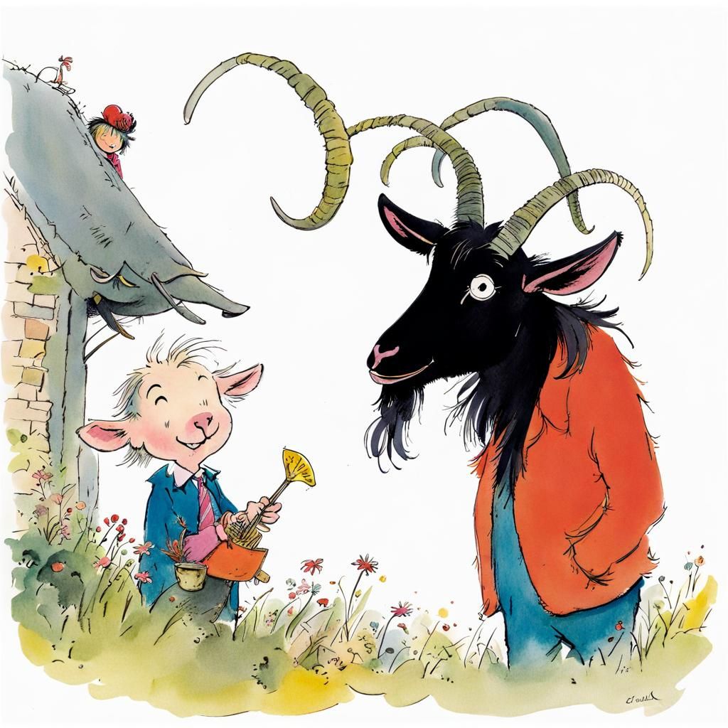 Black Goat's Wacky Wig Snack: Whimsical Illustration