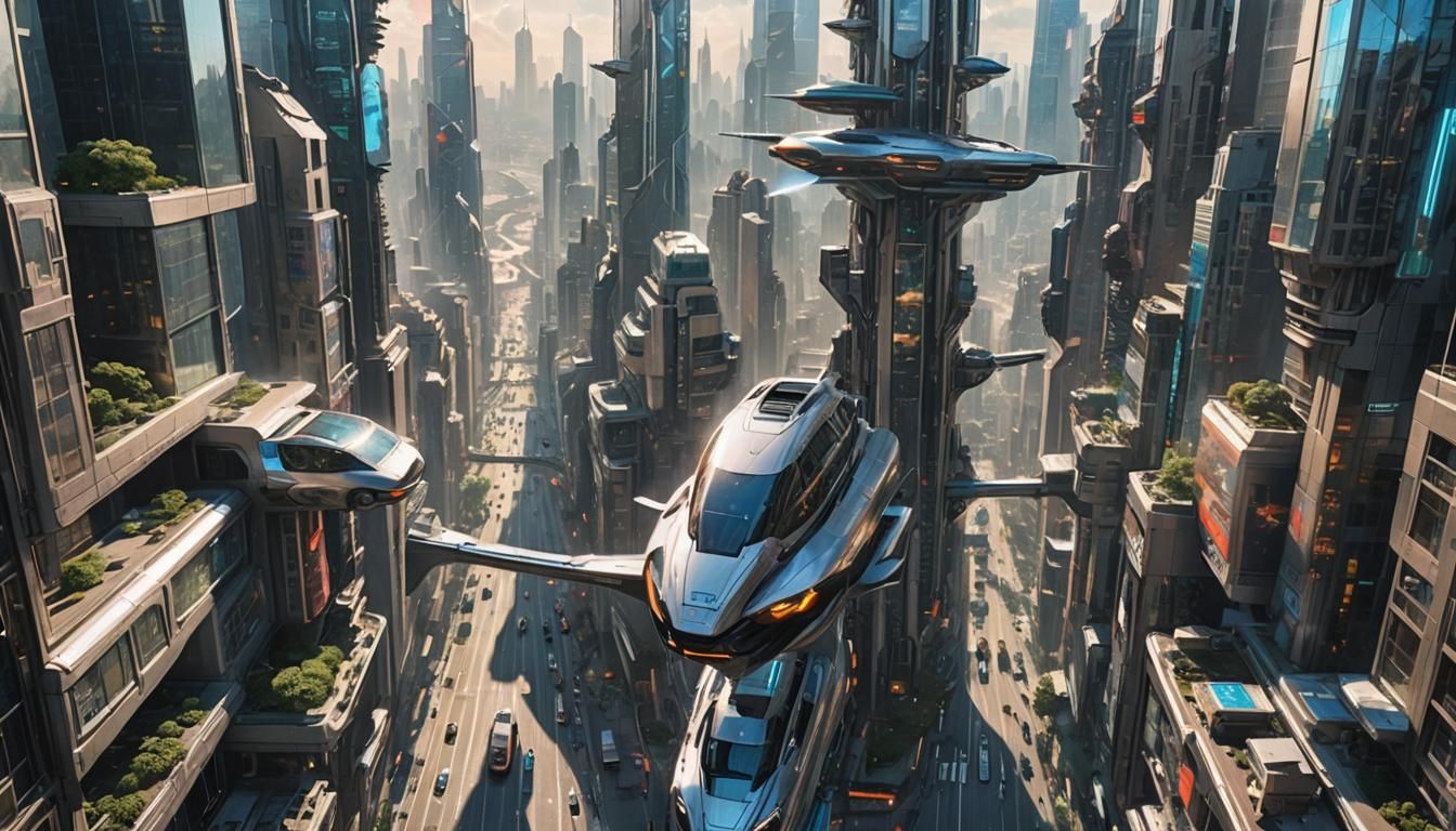 Futuristic Cityscape with Flying Cars in 3D Render