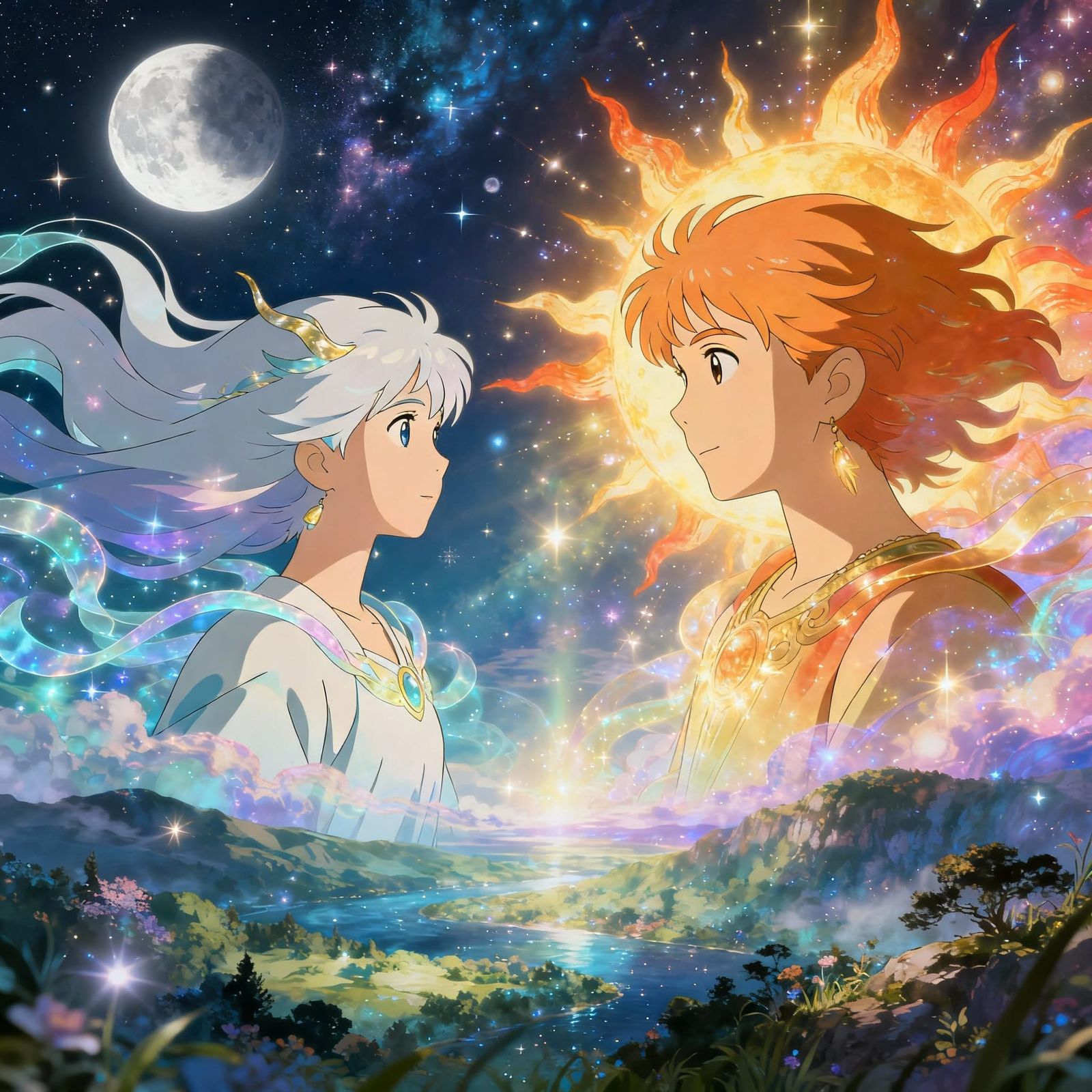 Moon and Sun Spirits in Celestial Anime Landscape