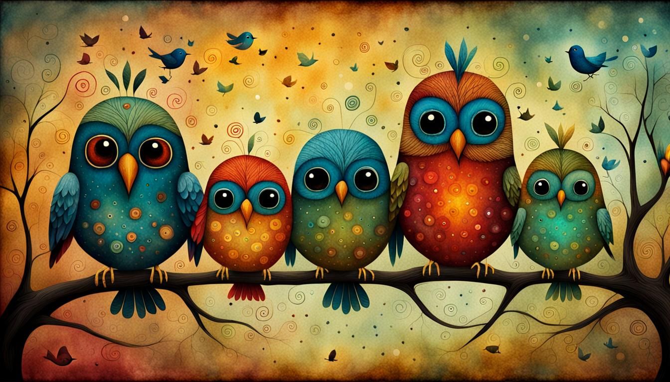 Colorful Birds in Surreal Folk Art Style
