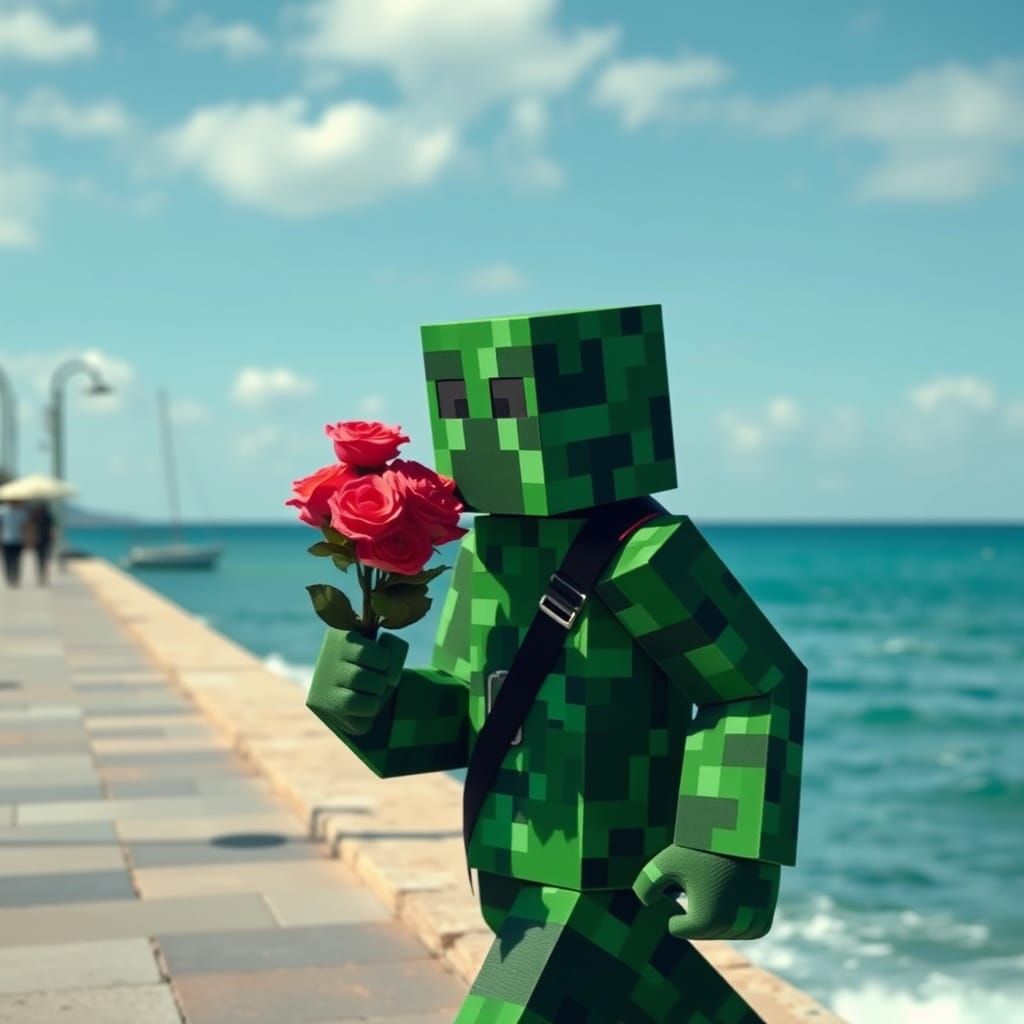 Minecraft Creeper Strolls Ocean Promenade with Roses