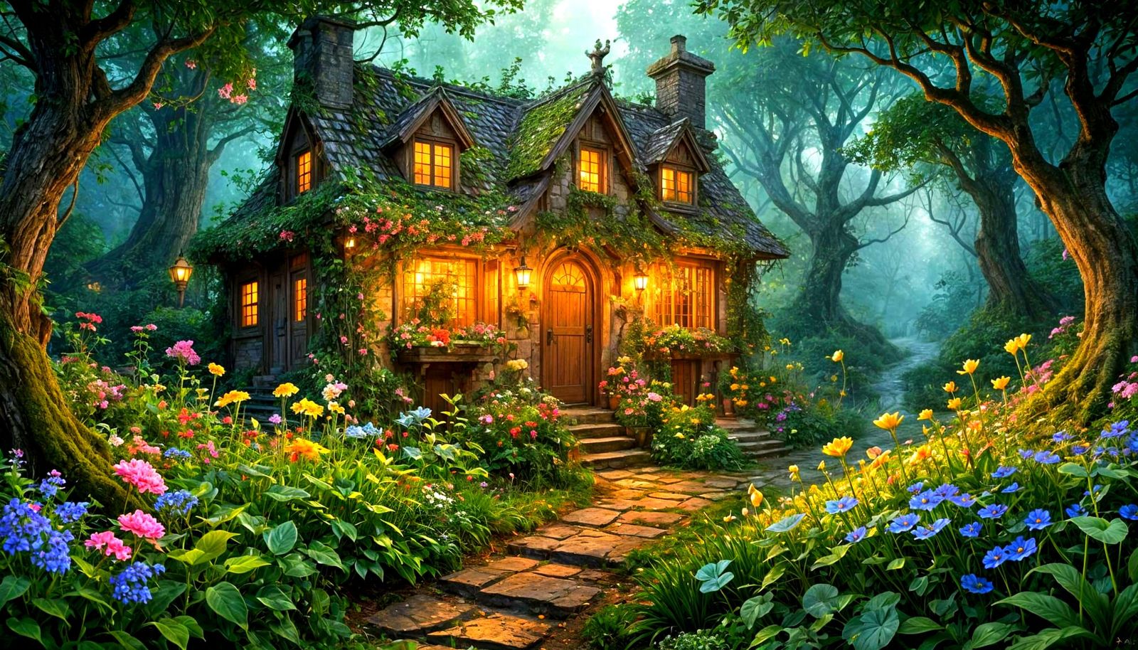 Whimsical English Cottage Garden in Dreamy Light