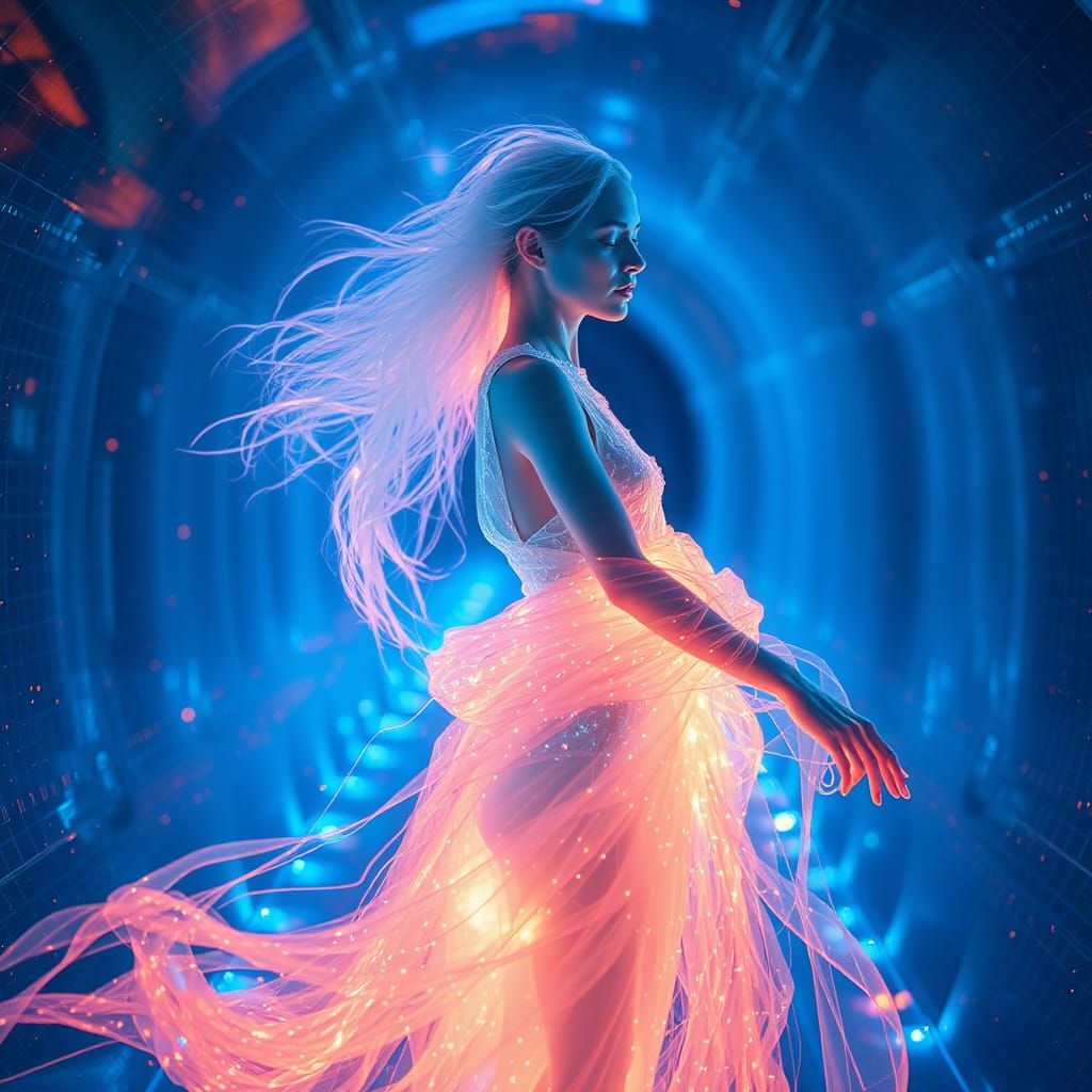 Bioluminescent Woman in Shimmering Laser Light