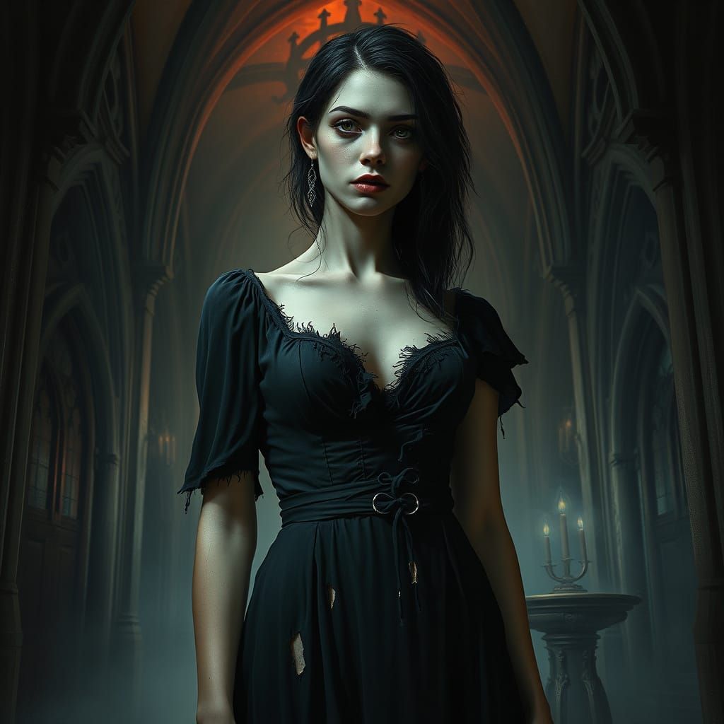Haunting Gothic Woman in Hyperrealistic Art Style