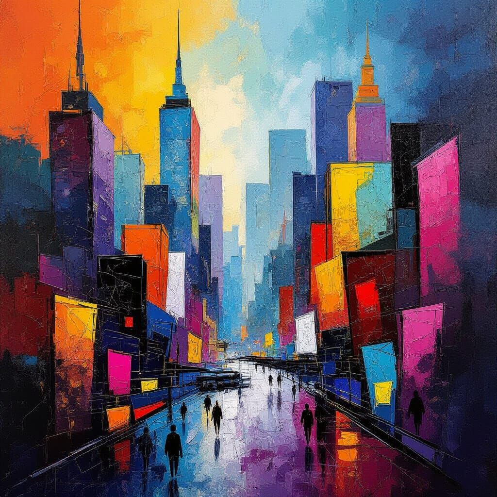 Abstract Geometric Cityscape in Cubist Expressionist Style
