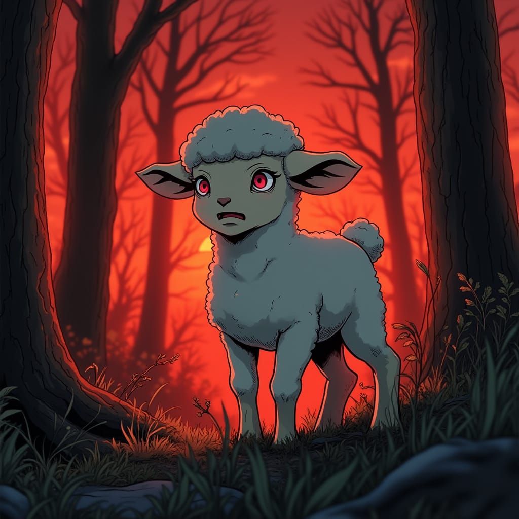 Frightened Lamb at Dark Forest Edge: Dramatic Anime Style