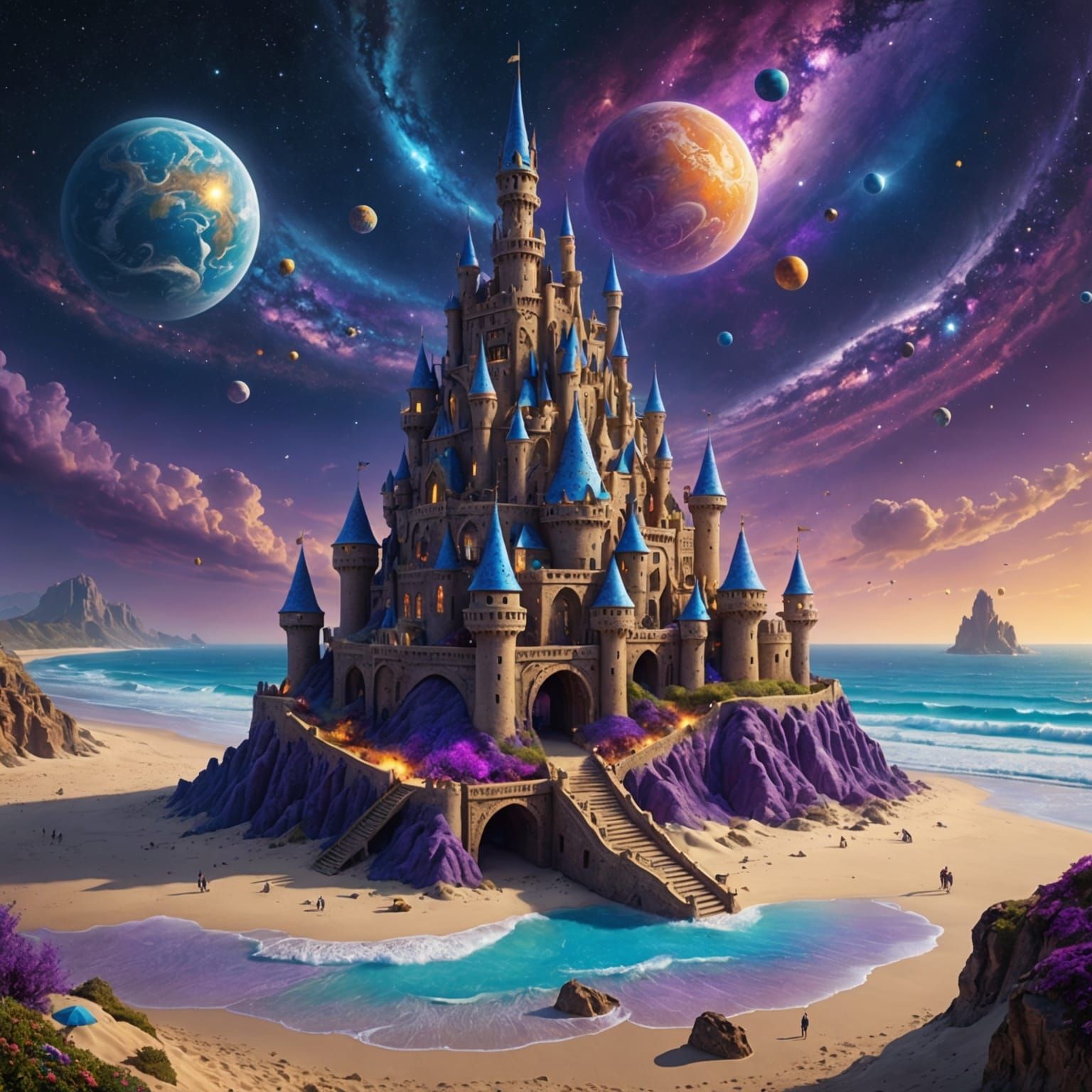 Cosmic Gemstone Sandcastle on Galactic Beach