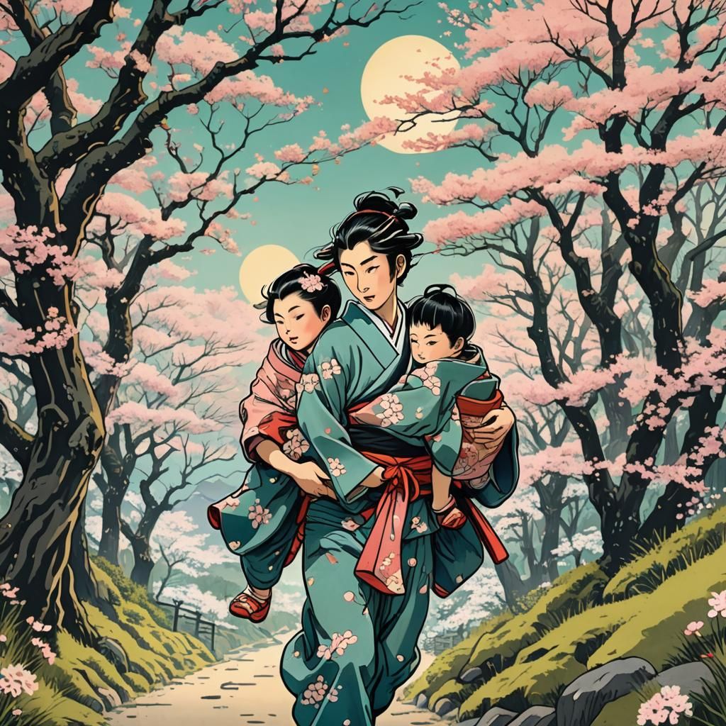 Japanese Boy and Sister in Ukiyo-e Cherry Forest